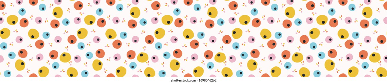 Ditsy heller Polka-Punkt formt nahtlose Grenzmuster der Vektorillustration. Stilisiertes Papier auf Bannerhintergrund. Kawaii moderne Retro-Spaß Band Trimm. Hübsche Skandinavien, kindischer heller Kreis, die Waschbänder maskieren.