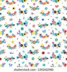 Ditsy. Bright Simple Flower Bouquets Seamless Pattern. Cute Flowers Vector Colorful Background. Multicolor Floral print design