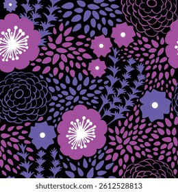 Ditsy colorful floral pattern with flowers and leaves on a dark background.