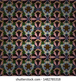 Ditsy cute floral seamless pattern in pink, blue and brown colors. Vector illustration. Small stylized flowers.