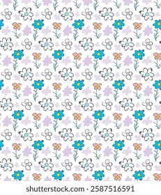 Ditsy cute floral seamless pattern. Hand drawn doodle style, aesthetic brush line, childish naive art graphic design. Random decorative flower, white color background. Vector illustration