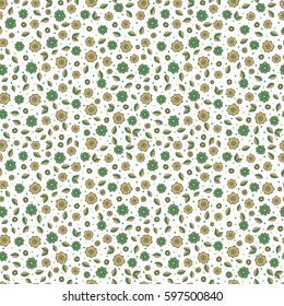 Ditsy cute floral seamless pattern in red and green colors. Stylized flowers on a white background. Vector illustration.