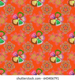 Ditsy cute floral seamless pattern in blue, pink and orange colors. Small stylized flowers. Vector illustration.