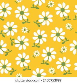 ditsy cute white flower with green leaf seamless pattern on yellow background for wallpaper, tile, textile, wrapping and cloth.