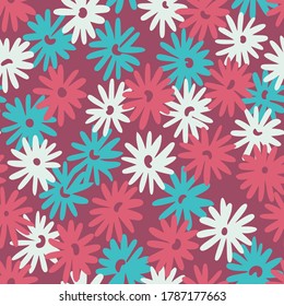 Ditsy daisy floral background. Seamless pattern made of meadow field flowers. Botanical summer ornament. Nature motif. Simple sketch texture, Good for fabric, textile, wrapping and clothes.
