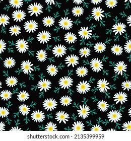 ditsy daisy floral seamless pattern. black background. good for fabric, textile, dress, fashion, etc.