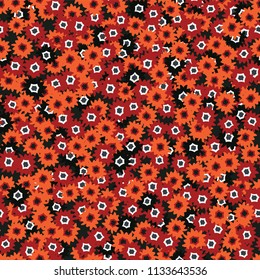 Ditsy Daisy Floral, Seamless Vector Pattern, Hand Drawn Folk Style Daisies Illustration for Trendy Fashion Prints, Wallpaper, Stationery, Elegant Home Decor, Gift Wrap & Red Black Orange Background