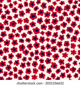 Ditsy daisy minimal seamless repeat pattern. Random placed, vector flowers all over surface print on ecru white background.