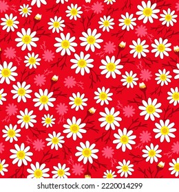 ditsy daisy red background. flowers seamless pattern. floral print. good for fabric, dress, fashion, wallpaper, textile, kimono, pajama.