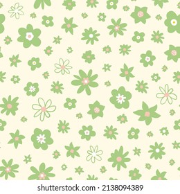 Ditsy daisy seamless repeat pattern. Random placed, vector flowers all over print.