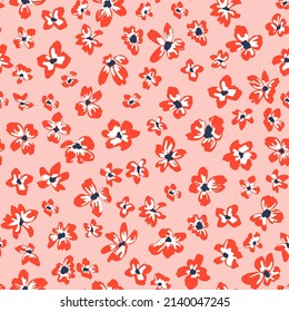 Ditsy daisy seamless repeat pattern. Random placed, vector flowers all over print on pink background.