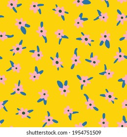 Ditsy Daisy Vector Floral Seamless Repeat Pattern with Yellow Background.