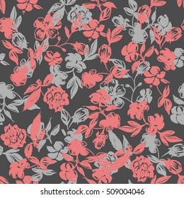 Ditsy design pattern pink flowers on a gray. Little flowers isolated on a dark background. Hand drawn vector Graphic floral.