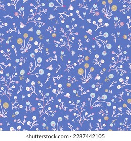 Ditsy fantasy flowers seamless pattern, folk floral texture blue colors