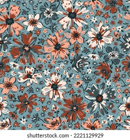 Ditsy Fashion Print. Simple Different Small Flowers. Millefleurs Liberty Style Floral Design. Blooming Meadow Seamless Pattern. Plant Vintage Background. Wildflowers. Blue, Pink, White, Brown Colors.