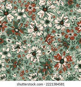 Ditsy Fashion Print  Simple Different Small Flowers  Millefleurs Liberty Style Floral Design  Blooming Meadow Seamless Pattern  Plant Vintage Background  Wildflowers  Green  White  Brown Colors 