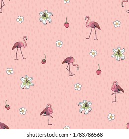 Ditsy Flamingo with Flowers Vector Seamless Pattern