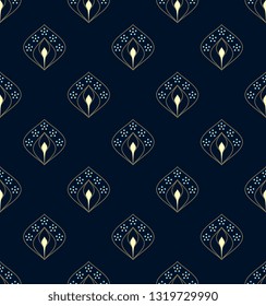 Ditsy floral motif abstract line shape continuous pattern small dot flowers navy blue background. Mini medallion ornate fabric design textile swatch ladies dress simple geometric all over print block.