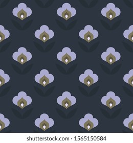 Ditsy floral motif grey blue lavender colours. Tiny flowers and leaves repeat pattern. Simple geometric arrangement print block for female dress fabric, apparel textile, interior wallpaper, decoupage.