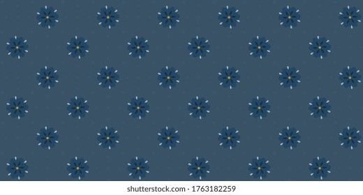 Ditsy floral motif vintage indian style blue flowers on a gray background. Allover airy fairy print block for ladies dress fabric, apparel textile, polo t shirt, shop window, book cover, silk scarf.
