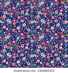 Ditsy floral pattern. Abstract flowers on blue background. Printing with small colorful flowers. Cute print. Seamless vector texture. Spring bouquet.