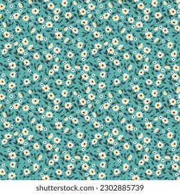 Ditsy floral pattern. Abstract flowers on blue green background. Printing with small white flowers. Cute print. Seamless vector texture. Spring motif.