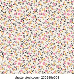 Ditsy floral pattern. Abstract flowers on white background. Printing with small pink and yellow chamomile flowers. Cute print. Seamless vector texture. Spring daisy bouquet.