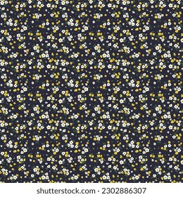 Ditsy floral pattern. Abstract flowers on dark blue background. Printing with small white and yellow flowers. Cute print. Seamless vector texture. Spring bouquet.