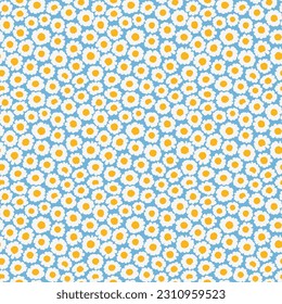 Ditsy floral pattern. Abstract flowers on blue background. Printing with small white chamomile flowers. Cute daisy print. Seamless vector texture. Summer and spring motif. 