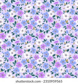 Ditsy floral pattern. Abstract flowers on light gray background. Printing with small lilac flowers. Cute print. Seamless vector texture. Spring motif.