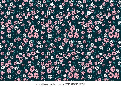 Ditsy floral pattern. Abstract flowers on navy blue background. Printing with small white and pink flowers. Cute print. Seamless vector texture. Trendy template for fashion prints. Stock pattern.