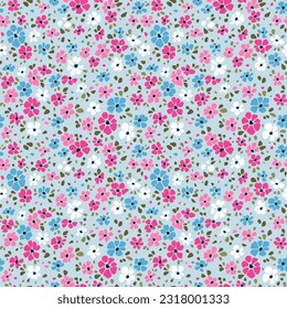 Ditsy floral pattern. Abstract flowers on light blue background. Printing with small white, pink and blue flowers. Cute print. Seamless vector texture. Spring motif.