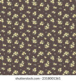 Patrón floral marrón. Flores abstractas sobre fondo marrón claro. Impresión con pequeñas flores amarillas claras. Impresión corta. Textura vectorial sin inconvenientes. Motif de primavera.