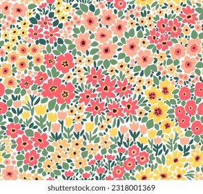 Ditsy floral pattern. Abstract flowers on white background. Printing with small yellow and rose coral flowers. Cute print. Seamless vector texture. Spring motif.