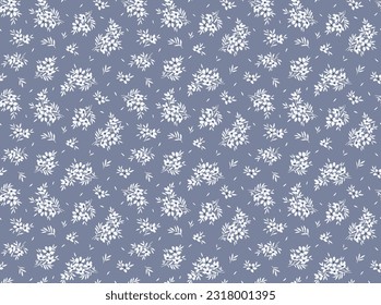 Ditsy floral pattern. Abstract flowers on gray blue background. Printing with small white flowers. Cute print. Seamless vector texture. Spring motif.