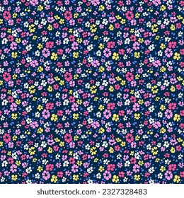 Ditsy floral pattern. Abstract flowers on dark blue background. Printing with small colorful flowers. Cute print. Seamless vector texture. Abstract trendy pattern. Perfect for textile prints.