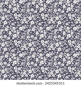 Ditsy floral pattern. Abstract flowers on gray background. Printing with small white flowers. Cute print. Seamless vector texture. Spring motif.