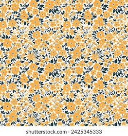 Ditsy floral pattern. Abstract flowers on white background. Printing with small yellow flowers. Cute print. Seamless vector texture. Spring motif. Liberty template for fashion prints. Stock pattern.