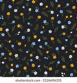 Ditsy padrão floral. Flores abstratas sobre fundo preto. Impressão com pequenas flores amarelas, brancas e azuis. Impressão bonita. Textura de vetor uniforme. Motivo primavera.