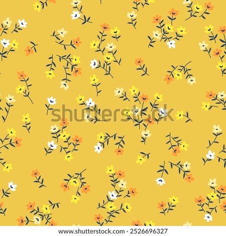 Ditsy floral pattern. Abstract flowers on bright yellow background. Printing with small white and orange flowers. Cute print. Seamless vector texture. Spring motif.