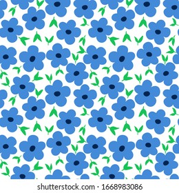 Ditsy floral pattern with cute small blue flowers with green leaves on white background.  Seamless design with spring motif great for fashion fabric print and home decor textile. Vector.