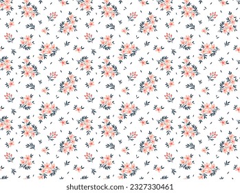 Ditsy-Blumenmuster. Delikate Blumen auf weißem Hintergrund. Drucken mit kleinen rosa Blumen. Frisch gedruckt. Nahtlose Vektorstruktur. Frühlings- und Sommermotive.