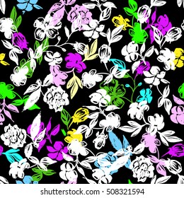 Ditsy floral pattern hand drawing flowers and leaves with layered effect on a black background. Vector small flowers. 