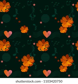 Ditsy floral pattern with orange cosmos flowers, musical rulers passing through the heart, music notes and signs, stars and elements in memphis style on black background in vector. Seamless print.