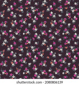 Ditsy floral pattern. Pretty flowers on dark violet background. Printing with small white, orange and purple flowers. Ditsy print. Seamless vector texture. Spring bouquet.