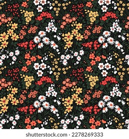 Patrón floral marrón. Bellas flores sobre fondo negro. Impresión con flores coloridas pequeñas. Impresión corta. Textura vectorial sin inconvenientes. Ramo de primavera.