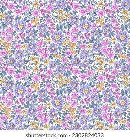 Ditsy floral pattern. Pretty flowers on white background. Printing with small pink, yellow and lilac flowers. Cute print. Seamless vector texture. Stock vector. Printing on surfaces. Abstract flowers.