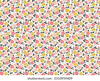 Ditsy floral pattern. Pretty flowers on white background. Printing with small colorful flowers. Cute print. Seamless vector texture. Stock vector for printing on surfaces. Abstract flowers.