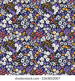 Ditsy floral pattern. Pretty flowers on black background. Printing with small whit, yellow and lilac flowers. Cute print. Seamless vector texture. Stock vector. Printing on surfaces. Abstract flowers.