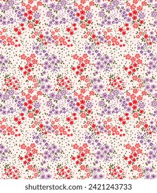 Ditsy floral pattern. Pretty flowers on white background. Printing with small red and lilac flowers. Cute print. Seamless vector texture. Stock vector. Printing on surfaces. Abstract flowers.